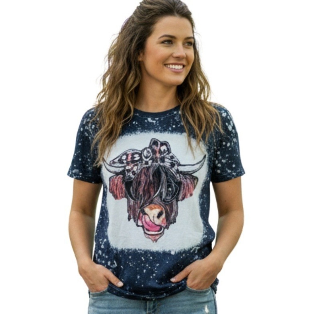Womens Graphic Tee Rosie The Highland Cow Bleached T Shirt Size XXL NWT